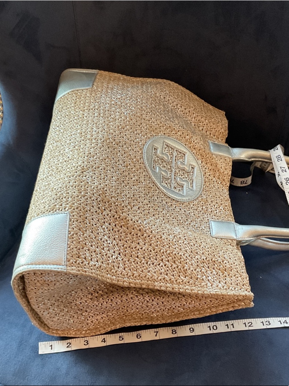 Tory Burch Tan Raffia Tote with Silver Leather Trim - Picture 9 of 10